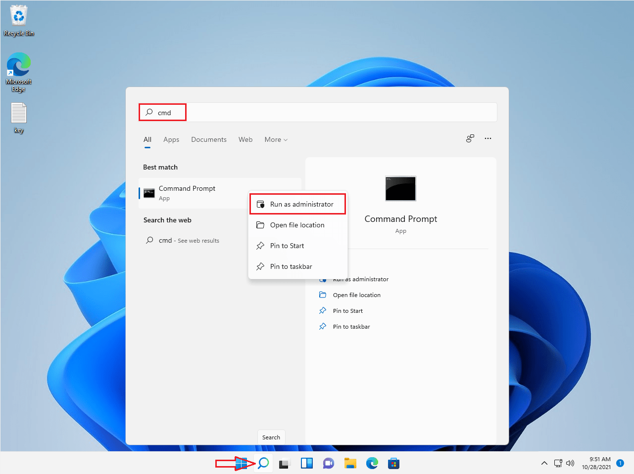open cmd (run as administrator) Windows 11