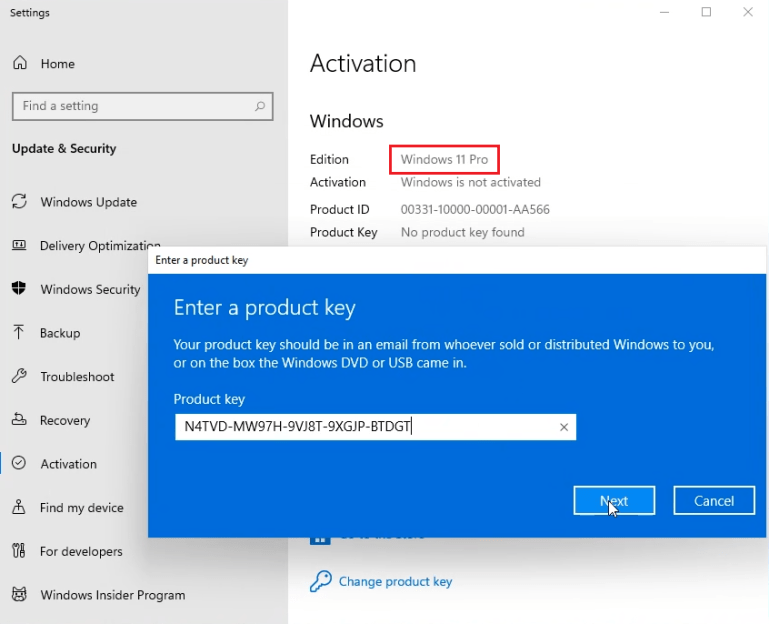 use windows 10 pro key on windows 11