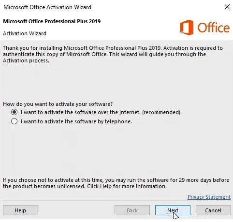 I want to activate Office 2019 over the internet