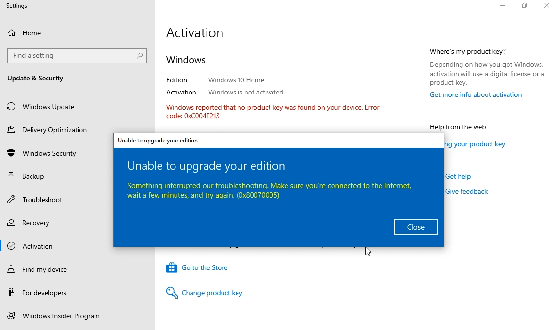 upgrade Windows 10 Home to Pro error 0x80070005