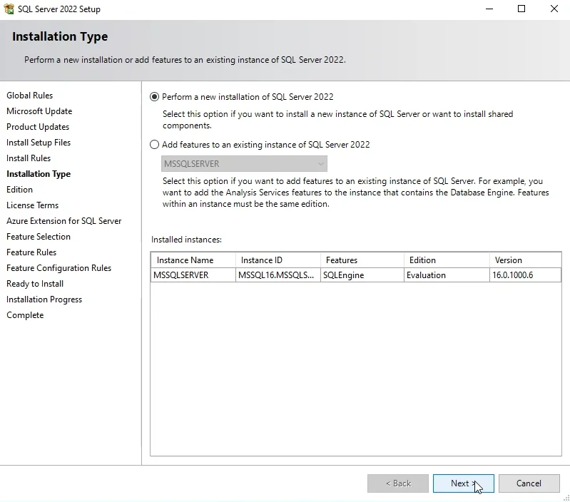 perform a new installation of SQL Server 2022